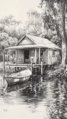 a pencil drawing of a boat docked at a house