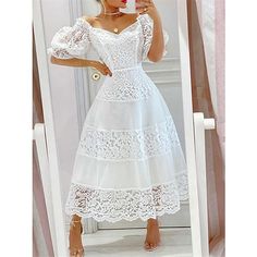 Season:Summer; Fabric:Lace,Polyester; Sleeve Length:Half Sleeve; Look After Me:Machine wash; Gender:Women's; Style:Streetwear,Maxi,A Line; Elasticity:Micro-elastic; Occasion:Holiday,Street,Vacation,Date; Fit Type:Loose Fit; Dresses Type:White Dress,White Lace Wedding Dress; Design:with Sleeve; Neckline:Off Shoulder; Listing Date:02/23/2024; Bust:; Length:; Fit US Size:; Fit UK Size:; Fit EU Size:; Dress Length Type:Midi Dress; Print Type:non-printing White Floral Print Dress, Women Lace Dress, Maxi Dress Outfit, Floral Embroidered Dress, Puff Sleeve Dress, White Dresses For Women, Lace Dress Long, Puff Sleeve Dresses, Lace Fashion