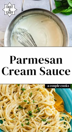 easy cream sauce in a blue bowl with spoons on the side and text overlay that reads easy cream sauce