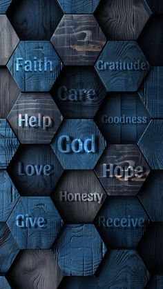 the word god is written in different languages on wood hexagons with words below it