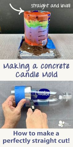 the process for making a concrete candle mold is shown with instructions to make it and how to use it