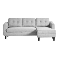 a gray couch with a chaise lounger on the bottom right side and black legs