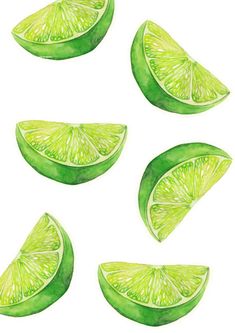 lime slices are cut in half on a white background with watercolor paint and ink