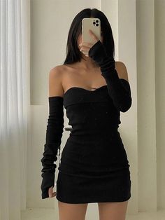 Gloves Dress, Mini Tube Dress, Off Shoulder Fashion, Mini Robes, Autumn Dress, Evening Outfits, Black Long Sleeve Dress, Black Dresses Casual, Black Bodycon Dress