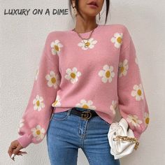 Daisy Retro Flower Knit Pullover Classic Long Lantern Sleeve Sweater Shirt Comfortable, Functional And Beautiful Is All You Need So Thats Why This Will Be Your Favorite Go-To Knit This Season. Contrasting Color Palate That Has A Retro Bohemian Touch With White Daisy Flowers. Ribbed Accent On The Round Neckline, Long Sleeves Ends And Bottom Hem. Perfect For Layering And Pairing With Jeans Or Leggings For Fall Winter Fun Girl-Next-Door Casual Styling That Will Fit Any Setting. Details: Color: Dust Lantern Sleeve Sweater, Floral Sweater, Estilo Chic, Drop Shoulder Sweaters, Matte Foundation, Outfit Casual, Stylus, Knitted Pullover, Casual Outfit