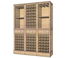 a tall wooden cabinet with wine bottles on it's doors and shelves in the middle