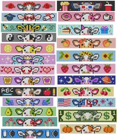 cross stitch patterns for bracelets and necklaces with flowers, butterflies, hearts, and stars