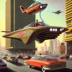 an image of a car flying over a city