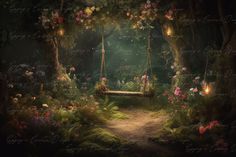 a swing in the middle of a forest filled with flowers and plants, lit by lanterns