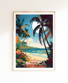 there is a poster on the wall that says jamaica with palm trees and beach in the background