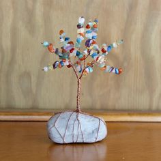 a small rock with a tree growing out of it on top of a wooden table