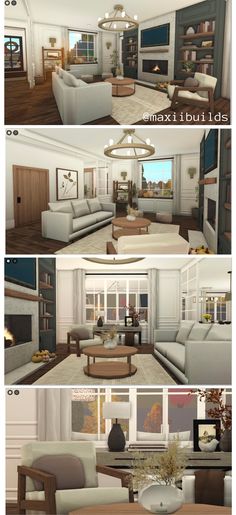 three different views of a living room with couches, tables and chairs in it