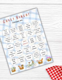 a printable baby shower game is shown next to a red and white checkered table cloth