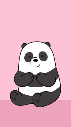 a panda bear sitting on top of a pink floor with his hands folded in front of him