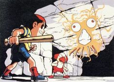 an image of a cartoon character holding a baseball bat in front of a fireball