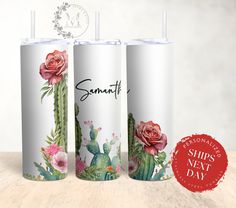 three white tumbles with pink flowers and cactus designs on them, one is personalized