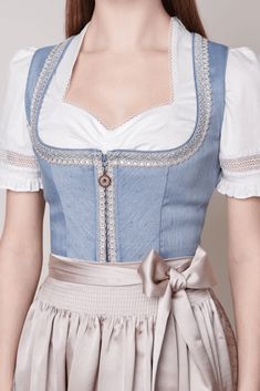 Available for preorder items are due to a $ 90.00 restocking fee in case the items will be returned. ITEM DESCRIPTIONThe bodice of the Dirndl Filemina is kept simple. Due to the flat, subtle border on the décolleté and the radiant zipper puller, it still looks playful.The model is 1.72 m tall and is wearing the dirndl with a skirt length of 70 cm in this photo.DETAILS & EXTRASItem No. 116065-7-0208Colour blueStraight necklineClosure zip at frontScope of delivery Dirndl blouse and accessories are Wedding Dirndl, Dirndl Blouse, Dirndl Dress, Pretty Clothes, Historical Fashion, Time Travel, Fashion Sense, Skirt Length, Pretty Outfits