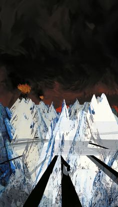 an abstract painting of mountains with dark clouds