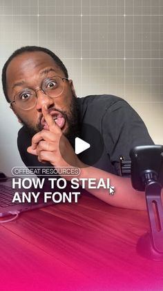 a man is making a funny face while looking at his computer screen with the words how to steal any font on it