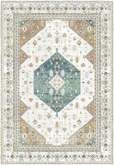 an area rug with various colors and patterns on it, including blue, green, beige and