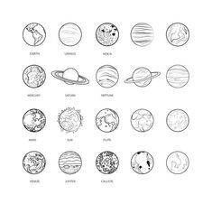 the solar system with all its planets and their names in black ink on a white background