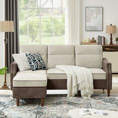 a living room scene with focus on the sectional sofa and throw pillows in the foreground