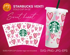 the starbucks cup has hearts on it and is next to an ad for sweet heart