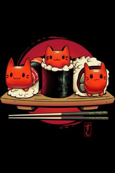 three red cats sitting on top of a wooden tray with sushi and chopsticks