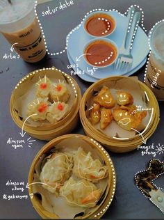 some food is sitting in small bowls on a table