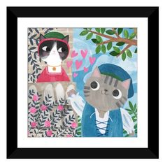 a painting of two cats in front of a tree with leaves and hearts on it