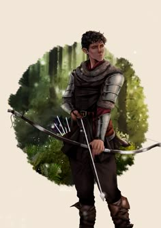 a man in armor holding a bow and arrow while standing in front of a forest