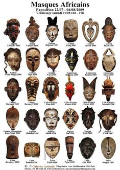 an image of african masks with names and pictures on the front page for each mask