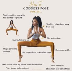 a woman is doing yoga poses with her hands in the air and there are instructions on how to do it