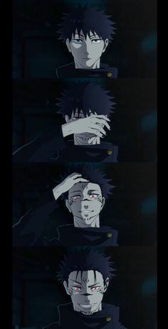 anime character with different facial expressions on their face and hands, all in black background