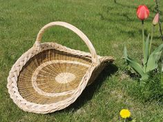 a wicker basket sitting on the grass next to a red tulip and yellow flower