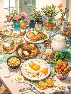 an image of a table full of food and drinks for breakfast or brunch