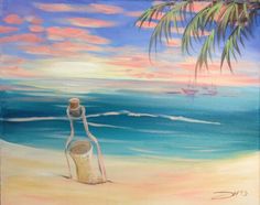 a painting of a bottle on the beach with a palm tree in the foreground