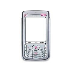 an old cell phone with pink hearts on the front and bottom panel, has a blank screen