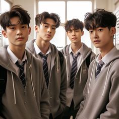 four young men in school uniforms are posing for the camera while wearing ties and sweatshirts