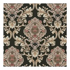 an ornate wallpaper pattern in brown and pink colors with white flowers on black background