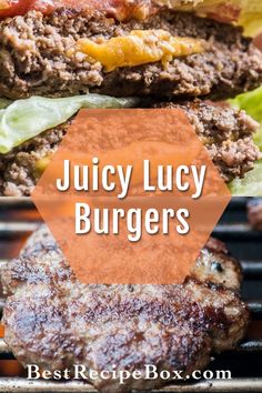 juicy juicy burgers with lettuce, tomato and cheese on the outside grill