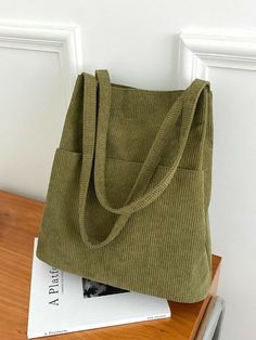 University Tote Bag, Corduroy Bag, Preppy Bags, Inch Bag, Green Tote Bag, Green Details