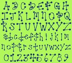 the letters and numbers are drawn in blue ink on a lime green background with black dots