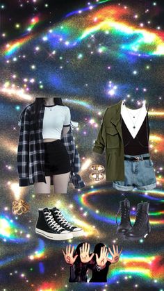 an assortment of clothes and shoes on display with rainbow lights in the background, as well as photoshopped images