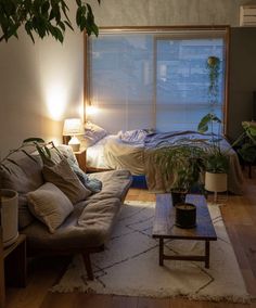 a living room filled with furniture and plants