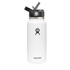 the hydro flask water bottle is white and has a black lid with a logo on it