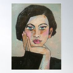 a painting of a woman's face with her hand on her chin poster print