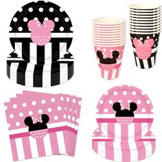 minnie mouse party supplies including plates, napkins and cups