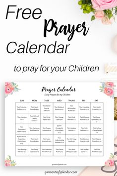 a free prayer calendar with pink flowers on it and the words pray for your children