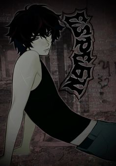 an anime character with black hair and no shirt is standing in front of a brick wall